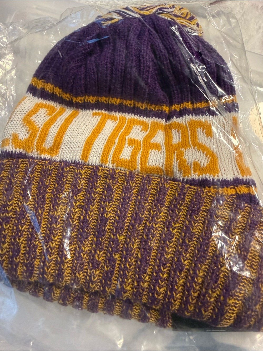 Purple and Gold 'Tigers' Pom Beanie Hat